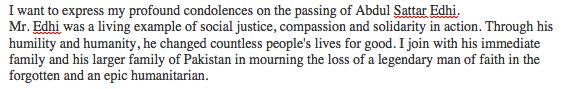 Ban Ki-moon mourns the loss of Abdul Sattar Edhi, an “epic humanitarian.” #Abdul…