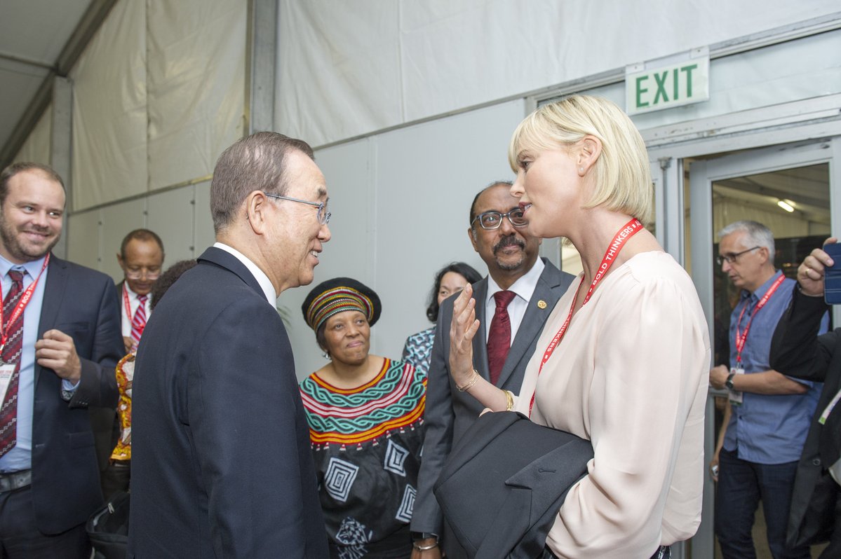 Ban Ki-moon meets @UN Messenger of Peace @CharlizeAfrica at #AIDS2016 in South A…