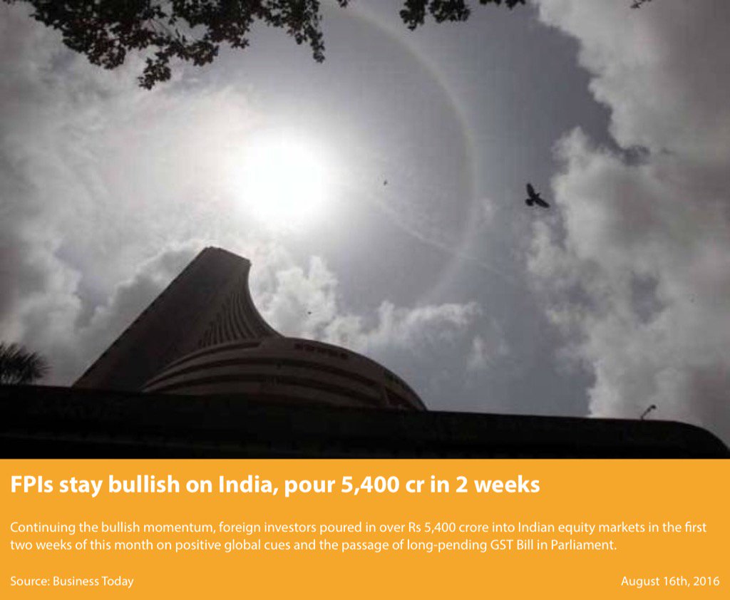 RT @nsitharaman: FPIs stay bullish on India, pour 5,400 cr in 2 weeks


via NMAp…