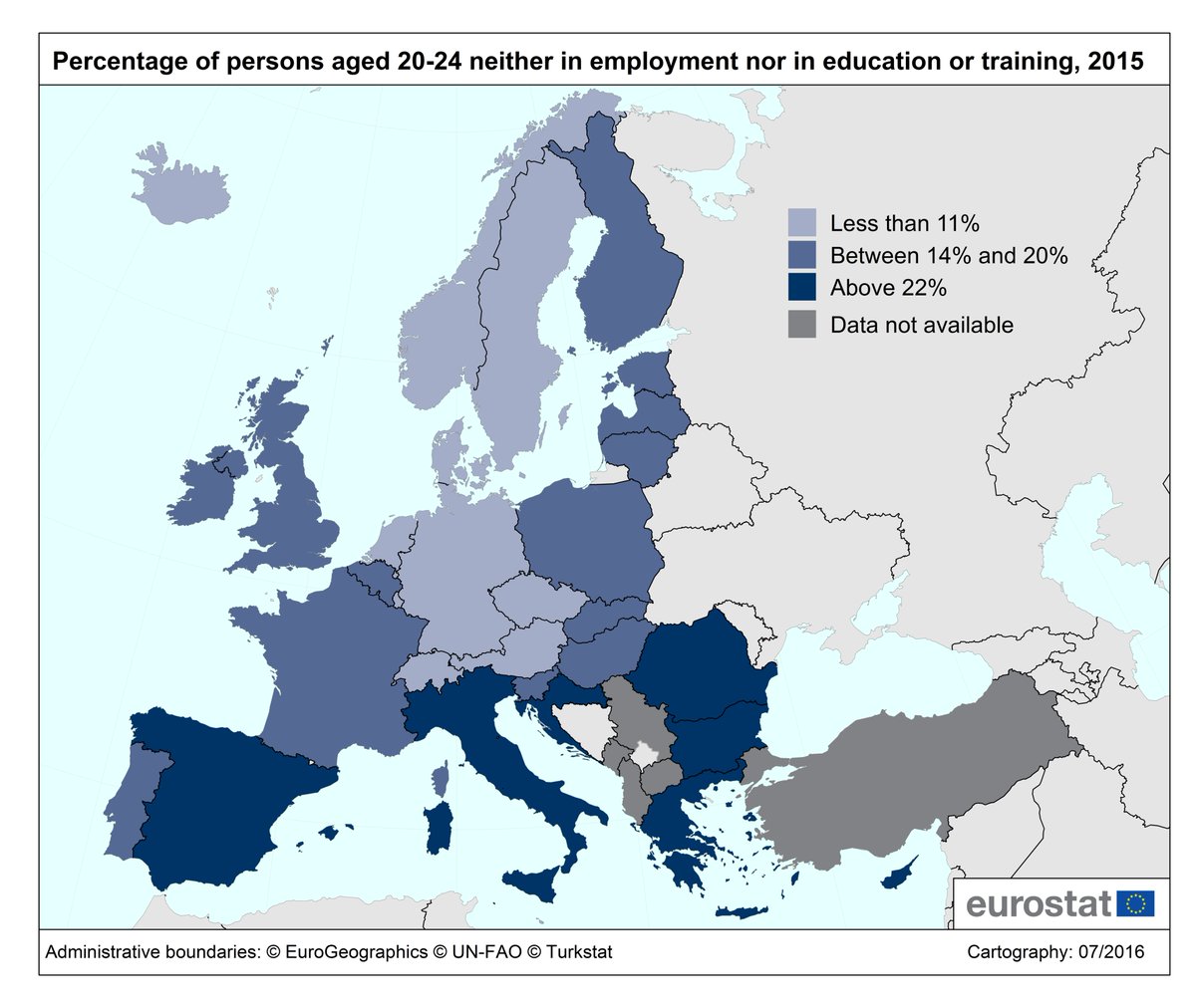 Highest % NEETs aged 20-24 in Italy & Greece, lowest in Netherlands & Lu…