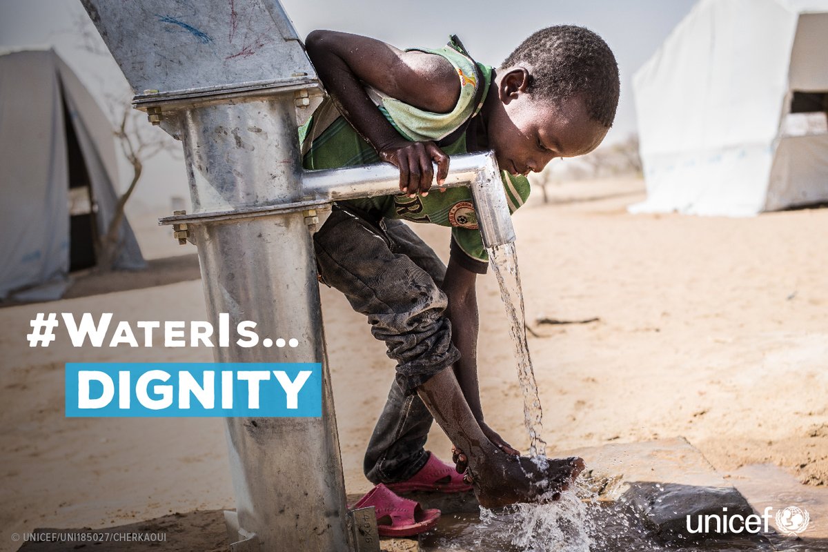 A boy washes his feet at a hand-pump in the Dar es Salam camp in #Chad. #WaterIs…