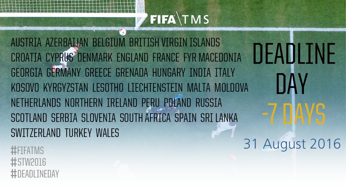 RT @FIFATMS: The clock is ticking! ⏰ #DeadlineDay T minus 7 days for 37 countrie…