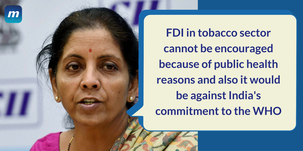 RT @moneycontrolcom: FDI in tobacco sector cannot be encouraged: @nsitharaman  #…