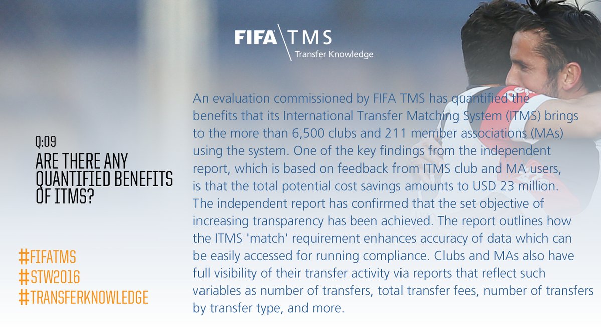 RT @FIFATMS: ITMS saves clubs and associations up to $ 23m!  More @  #FIFATMS #I…