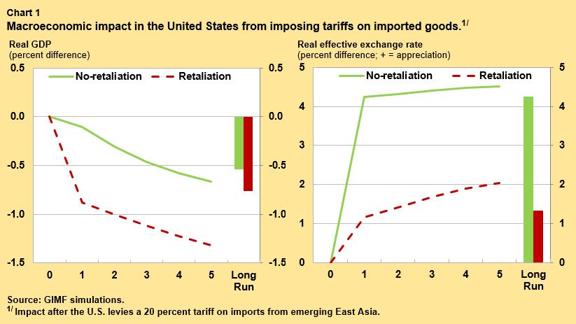 Real GDP in the U.S. declines if it imposes tariffs on imported goods  …