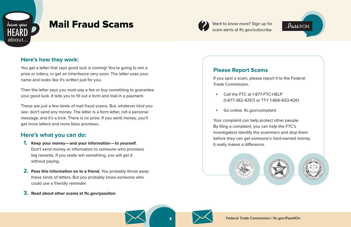 Help a friend avoid prize scams. Read our tips about #mailfraud. Print & sha…