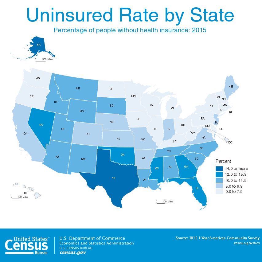 #ACSData map shows uninsured rate by state: percentage of people w/o health insu…