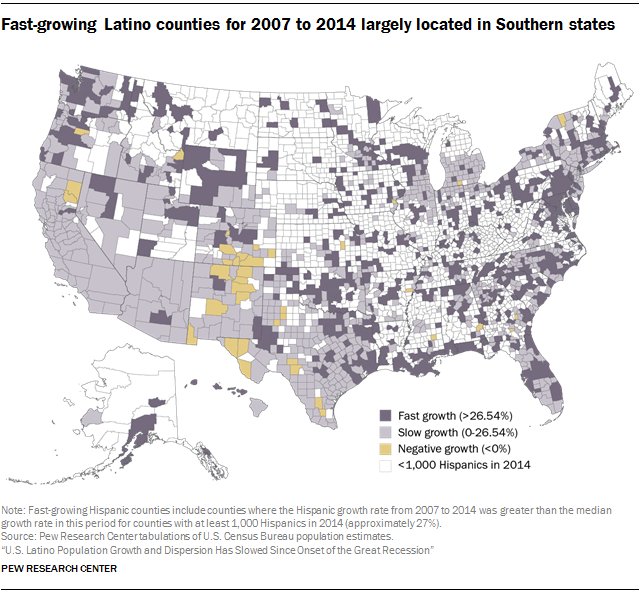 Map: Fast-growing Latino counties for 2007-2014 largely located in Southern stat…