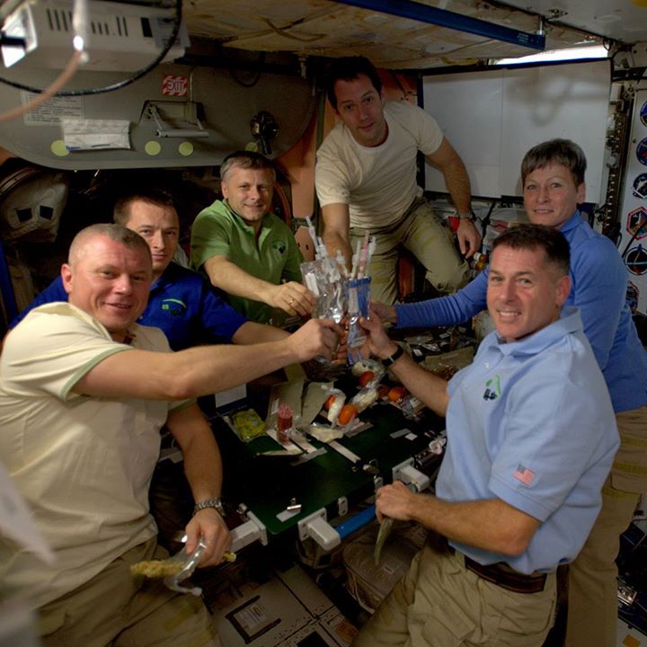 The six crewmembers of Expedition 50 celebrate Thanksgiving Day aboard the Inter…