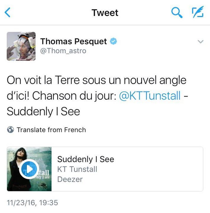 WWOOOOOW!! French astronaut Thomas Pesquet just tweeted ‘Suddenly I See’ from SP…