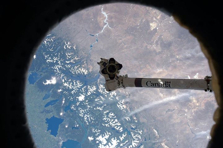 Looking down through a window, I see our robotic arm looking up! It seems to be …