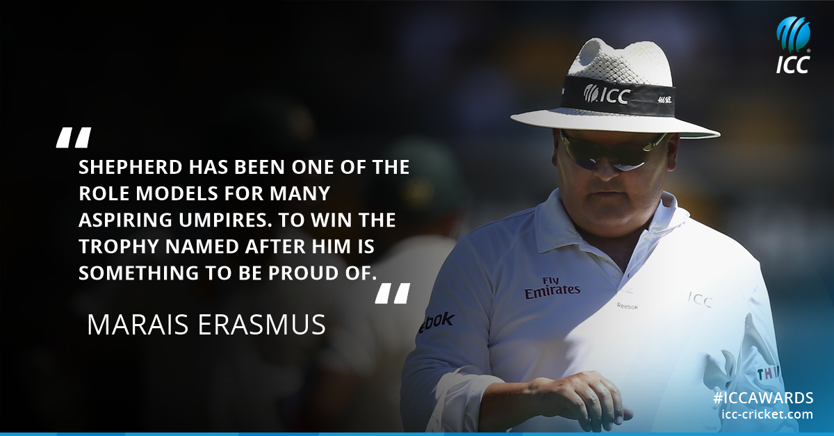 Marais Erasmus felt honoured to win the David Shepherd Trophy for ICC U…