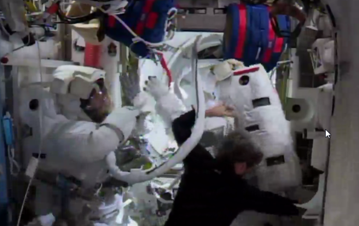 A spacewalking high-five between Thomas Pesquet and Shane Kimbrough after return…