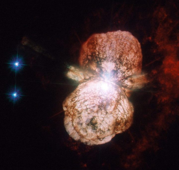 The Eta Carinae binary star system: the larger of the two stars in the system is…