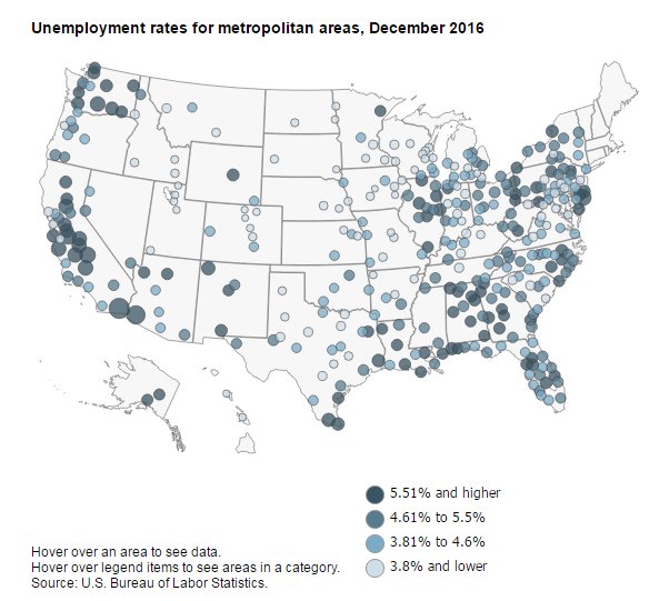 192 metro areas had jobless rates below U.S. rate in December 2016  #BLSdata …