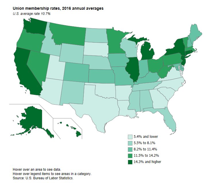 Union membership rates by state in 2016  #BLSdata …