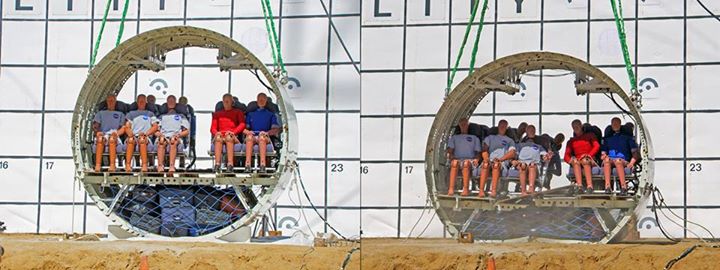 Crash test dummies buckled into seats in a cut-out section o…