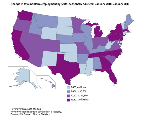 28 states had statistically significant employment increases for year ending Jan…
