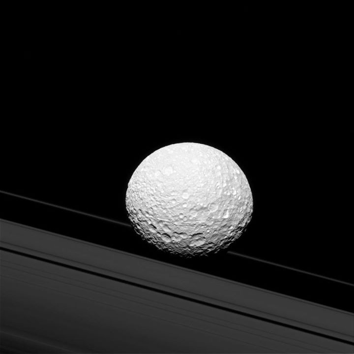 It may look as though Saturn’s moon Mimas is crashing through the planet’s rings…