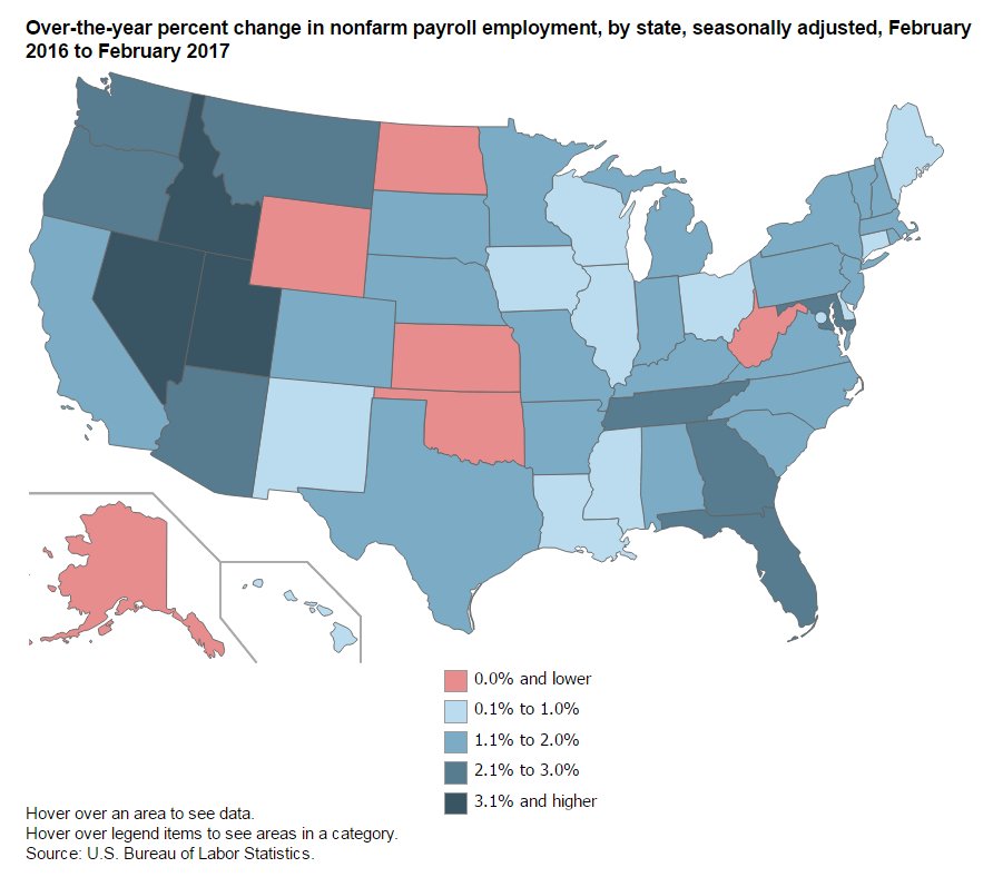 Nonfarm payroll employment increased in 31 states over the 12 months ending Febr…