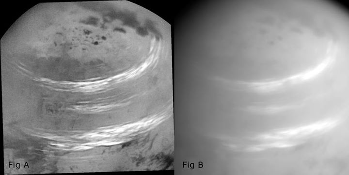 Bands of bright, feathery methane clouds drifted across Satu…