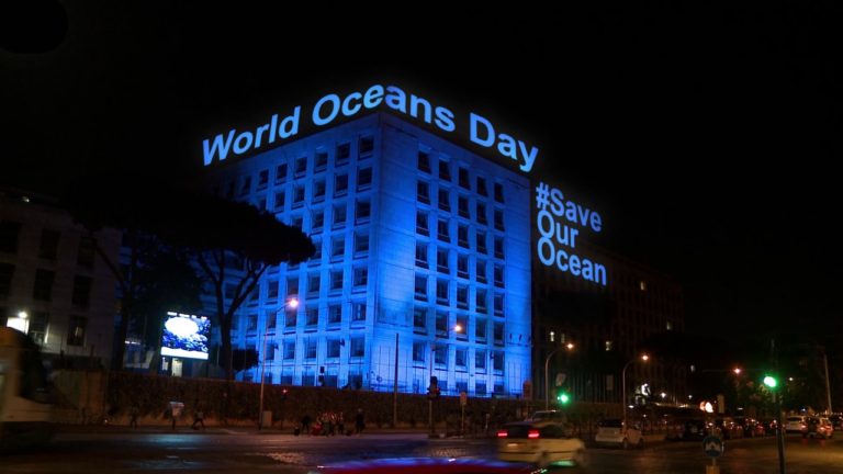 UNFAO headquarters in Rome lights up in blue to mark World Oceans Day