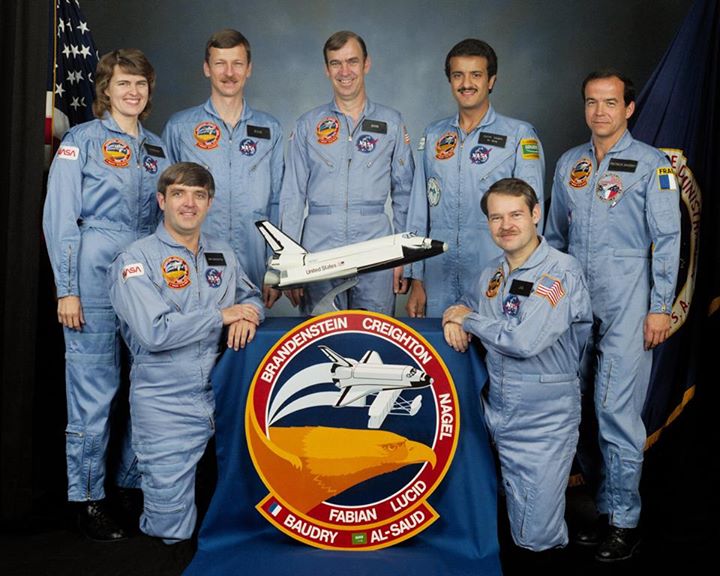Launched on this day, 17 June 1985, the STS 51-G crew: kneeling are Dan Brandens…