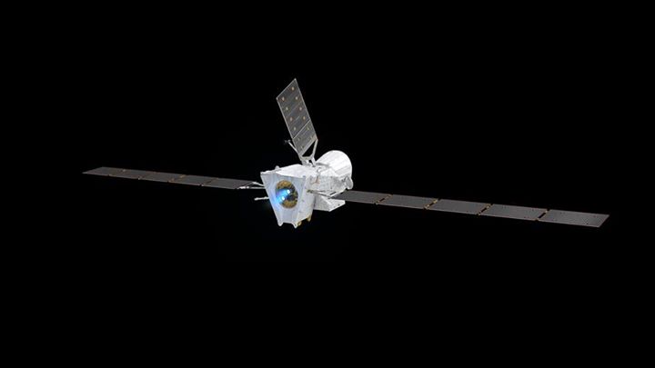 The BepiColombo Mercury Transfer Module (foreground, with two large solar wings)…