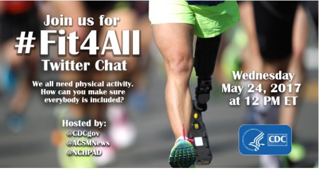 Join the #Fit4All Twitter chat with @CDCgov, @ACSMNews, and @NCHPAD on Wed, May …