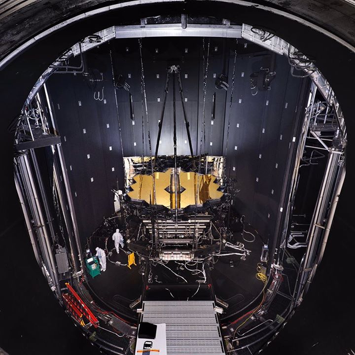 The NASA/ESA/CSA James  #Webb Space Telescope hangs from the ceiling of Chamber …