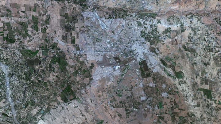 The city of Marrakesh (or Marrakech) in Morocco, Northern Africa, imaged by the …