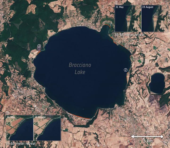 Parts of Italy’s Lake Bracciano shoreline receded up to 60 m during the summer o…